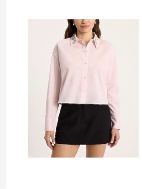 Express Light Pink Cropped Button-Down with Embellished Collar